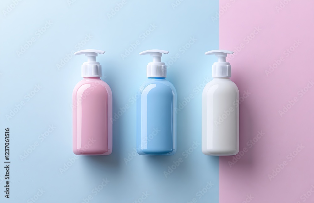 Three pastel-colored pump bottles on a pink and blue background. Three pastel-colored pump bottles on a pink and blue background.