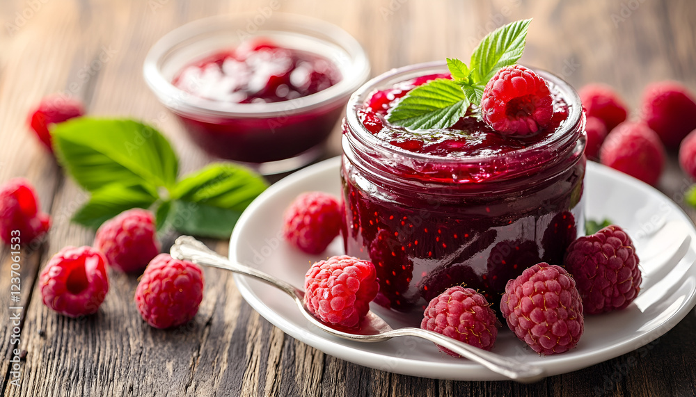 Fresh raspberries and jam .Selective focus Fresh raspberries and jam .Selective focus