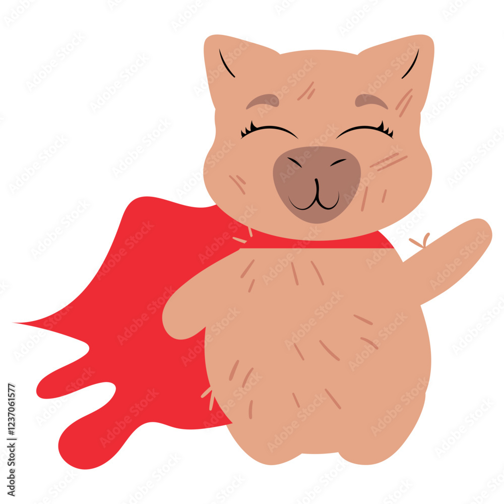 Obraz premium Adorable capybara dressed as a superhero with a flowing red cape and a cheerful expression. Perfect for digital stickers, character designs, children's projects, and fun-themed illustrations, optimize