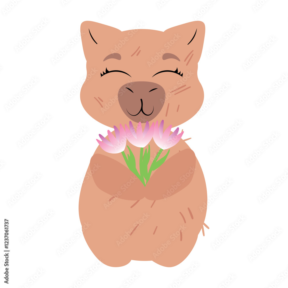 Fototapeta premium Adorable capybara holding a bouquet of pink flowers with a happy and peaceful expression. Perfect for greeting cards, nature-themed designs, floral illustrations, and digital stickers