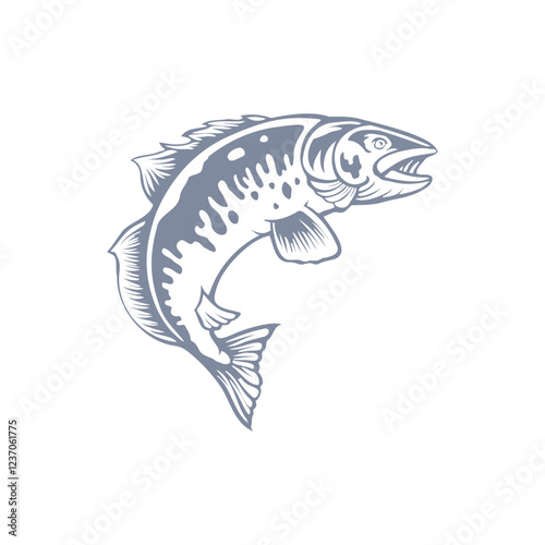 Elegant illustration of a leaping trout, perfect for fishing-themed designs. A stylized, light-blue line art drawing of a trout leaping in the air.