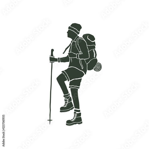 Silhouette of a hiker enjoying a mountain trek. A bold, stylized silhouette of a person hiking, equipped with trekking poles and a backpack.