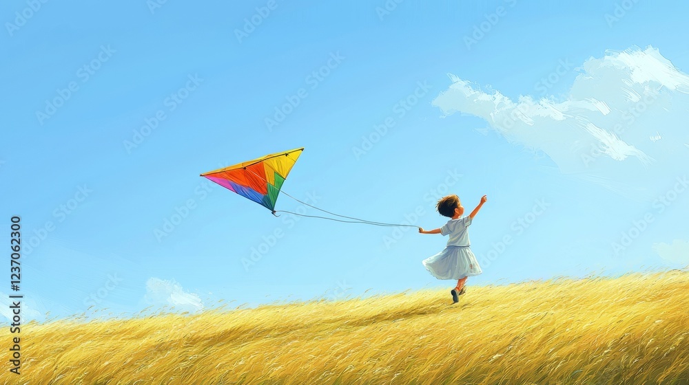 Running joyfully with a colorful kite on a sunny day in a golden field. Generative AI Running joyfully with a colorful kite on a sunny day in a golden field. Generative AI