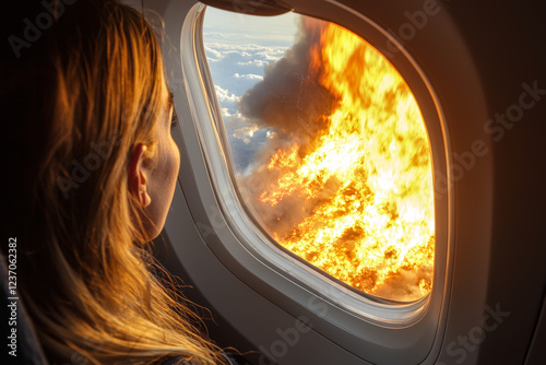 terrified woman gazes out of airplane window, witnessing fiery explosion in sky. intense scene evokes fear and urgency, highlighting dramatic contrast between calm flight and chaos outside photo