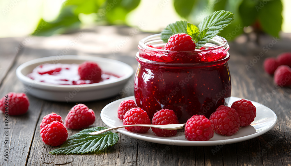 Fresh raspberries and jam .Selective focus Fresh raspberries and jam .Selective focus
