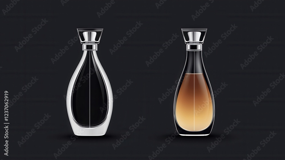 Two perfume bottles side by side on a black background. the bottles are made of glass and have a sleek, modern design with a silver cap. Two perfume bottles side by side on a black background. the bottles are made of glass and have a sleek, modern design with a silver cap.