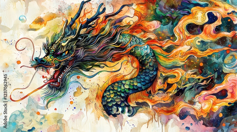 Obraz premium This stunning artwork features a majestic dragon with colorful scales and fiery mane, surrounded by swirling patterns and vibrant hues in a mystical landscape