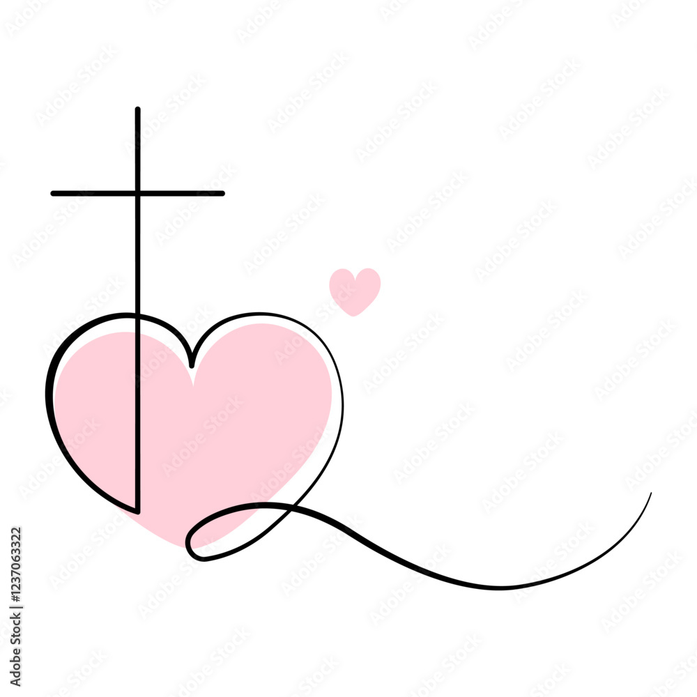 Fototapeta premium Minimalist Christian Cross and Heart Symbol of Faith and Love. Line art Christian cross integrated with a pink heart. Religious design,church logos,inspirational prints.Vector illustration