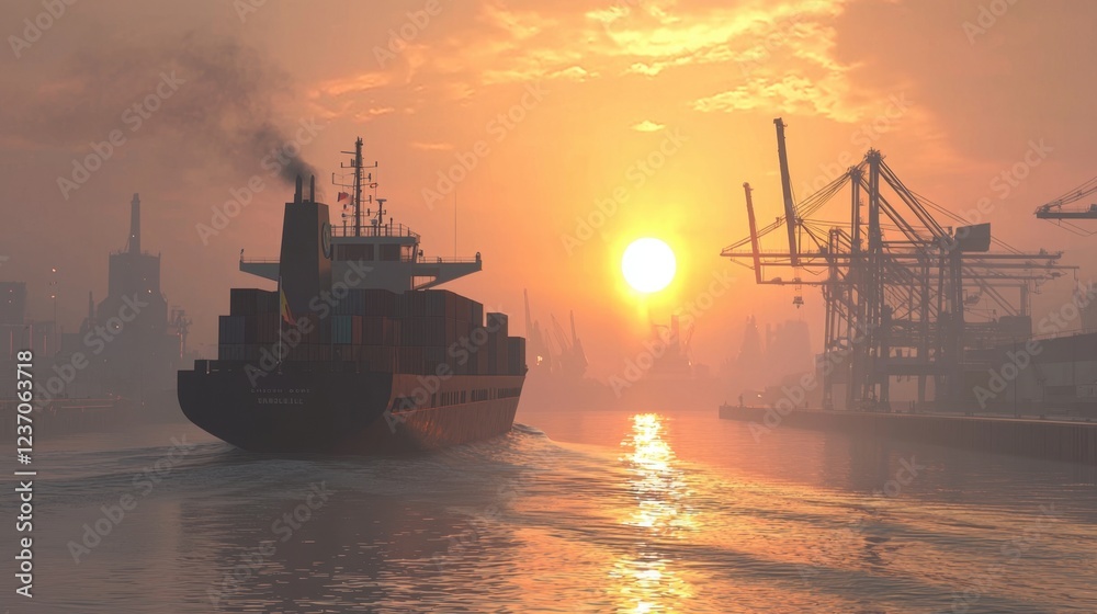 Fototapeta premium A cargo ship sails toward the dock during sunset, creating a serene reflection on the water. Industrial structures and cranes stand silhouetted against the vibrant sky