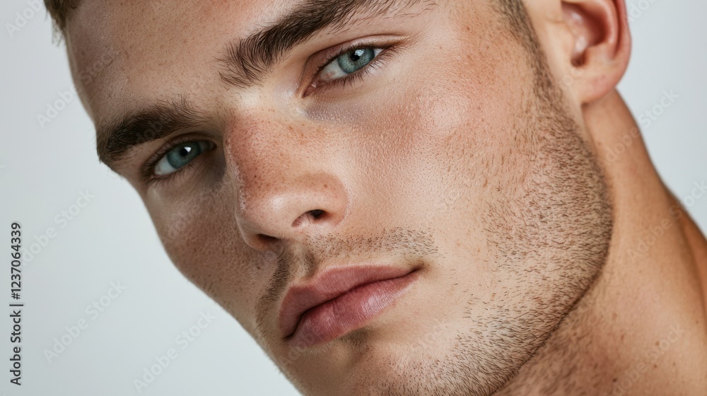 Obraz premium A male model with bright blue eyes and well-defined facial features stares directly at the camera against a plain background, showcasing a modern and fresh look suitable for fashion editorial content