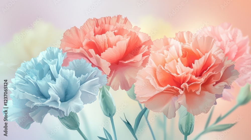 A beautiful arrangement of carnations in shades of blue, pink, and coral stands against a delicate pastel background, showcasing their lush petals and graceful stems A beautiful arrangement of carnations in shades of blue, pink, and coral stands against a delicate pastel background, showcasing their lush petals and graceful stems