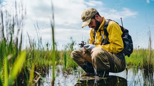 An environmental scientist in a wetland research station studying water quality and ecosystem health, with wetland habitats and scientific monitoring equipment visible, Wetland research station scene
