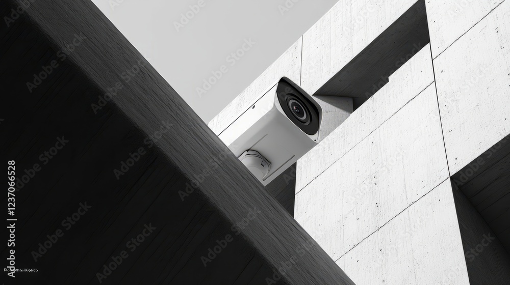 A close-up of a 3D white security camera with a minimalist design, mounted on a high building A close-up of a 3D white security camera with a minimalist design, mounted on a high building