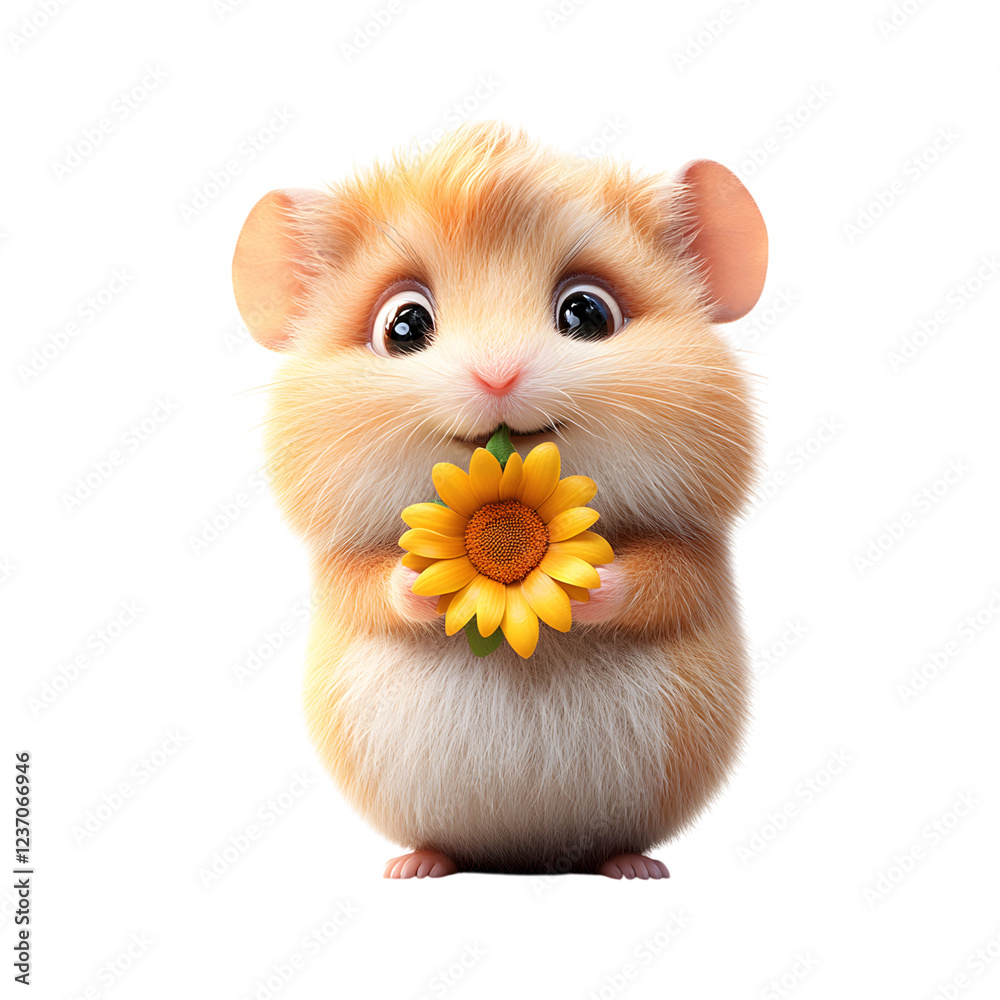 Fluffy 3D Cartoon Hamster with Flower in Mouth Isolated on Transparent Background Fluffy 3D Cartoon Hamster with Flower in Mouth Isolated on Transparent Background