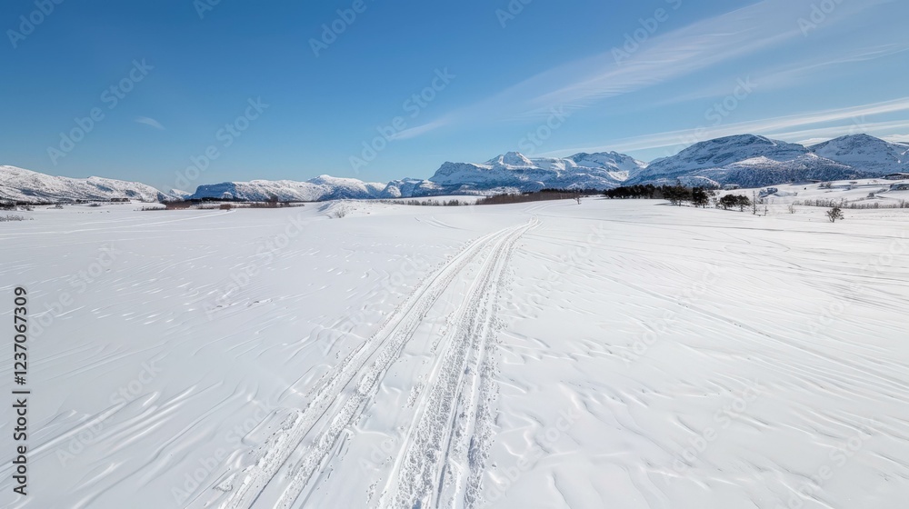 Arctic tundra with snow-covered mountains and a clear blue sky Arctic tundra with snow-covered mountains and a clear blue sky