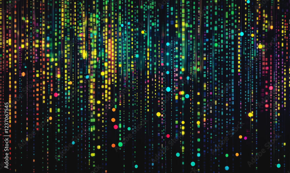 Obraz premium A digital art piece of glowing, pixelated dots in vertical rows, resembling flowing data on a black background. Colors range from blues to greens and yellows, ideal for tech or coding-related graphics
