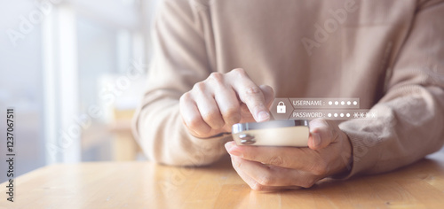 close up man hand type on smartphone device to access account on website by input username and password at office for security system of business technology concept