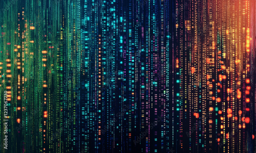 A digital binary code background with pixelated colorful patterns in green, blue, orange, yellow, and red on a dark canvas. High-resolution vector artwork with detailed textures, perfect for graphic d A digital binary code background with pixelated colorful patterns in green, blue, orange, yellow, and red on a dark canvas. High-resolution vector artwork with detailed textures, perfect for graphic d