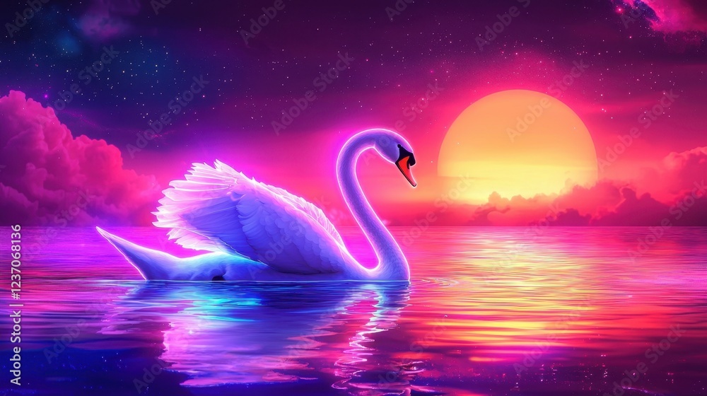Fototapeta premium A graceful swan swims peacefully across calm waters as a stunning sunset fills the sky with bright colors. The scene radiates tranquility and beauty, creating a magical atmosphere