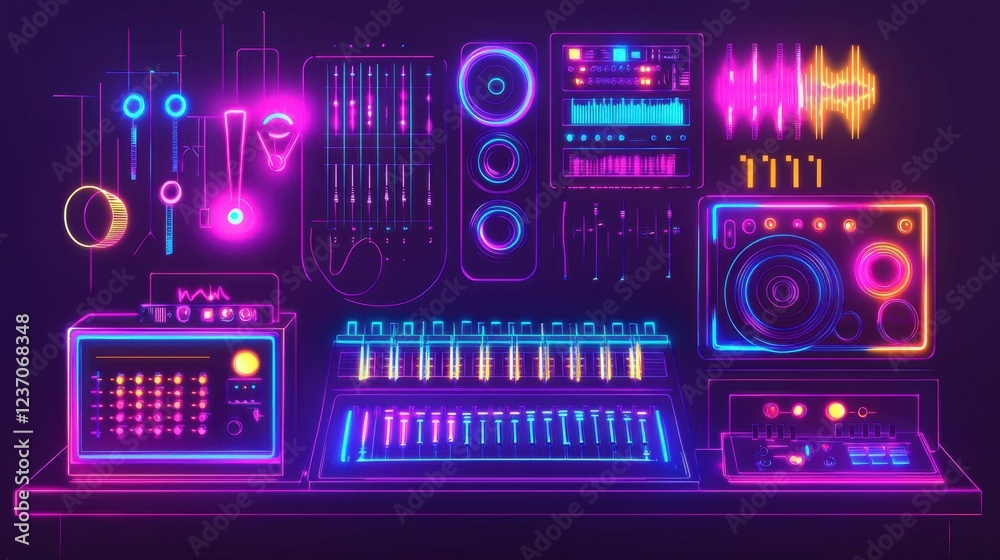 A vibrant digital music studio is illuminated with neon lights, showcasing advanced audio equipment. Various mixers, synthesizers, and sound panels are arranged for sound creation and recording A vibrant digital music studio is illuminated with neon lights, showcasing advanced audio equipment. Various mixers, synthesizers, and sound panels are arranged for sound creation and recording