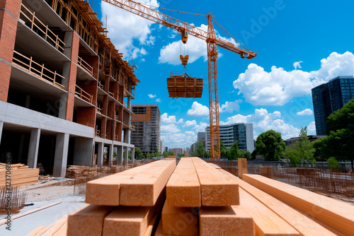 Towering crane lifts materials high above bustling construction site. Clear blue sky frames urban progress, showcasing rapid infrastructure growth and modern city expansion. photo