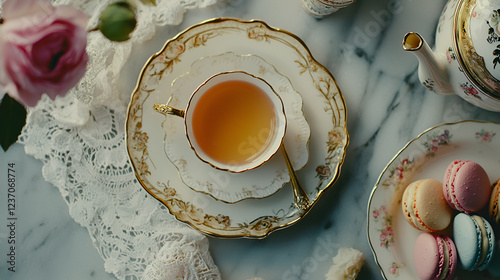 A delicate teacup and saucer set with floral details, accompanied by colorful macarons and a rose.