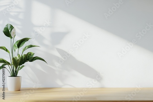 A lovely Peace Lily plant Spathiphyllum wallisii sits to the left on a wooden surface against a white wall with empty space on the right photo