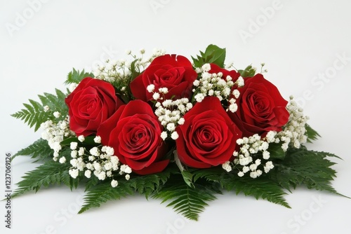 Fototapeta Naklejka Na Ścianę i Meble -  A red rose bouquet adorned with white baby s breath and thuja leaves