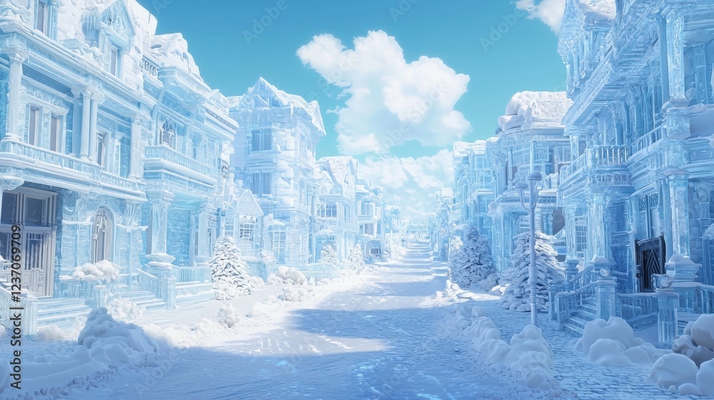 A street lined with intricately designed ice buildings sparkles in the sunlight. The scene features a peaceful atmosphere with fluffy clouds above and a glistening layer of snow A street lined with intricately designed ice buildings sparkles in the sunlight. The scene features a peaceful atmosphere with fluffy clouds above and a glistening layer of snow