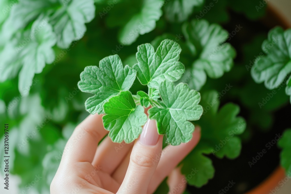 A woman s hand holds a Citronella Geranium leaf from a bush in a potted plant indoors A woman s hand holds a Citronella Geranium leaf from a bush in a potted plant indoors