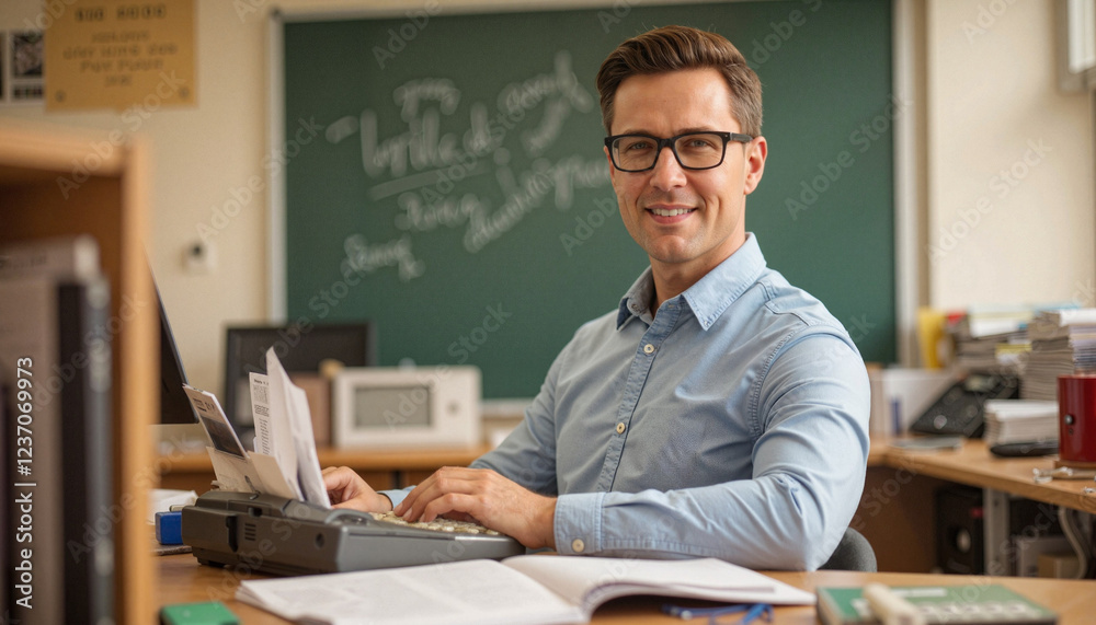 Fototapeta premium Job candidate smiling in retro office interior, vintage nostalgia