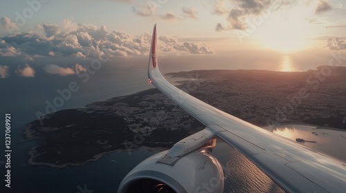 Sunset view from an airplane as it flies over the coastline and islands near the Mediterranean Sea