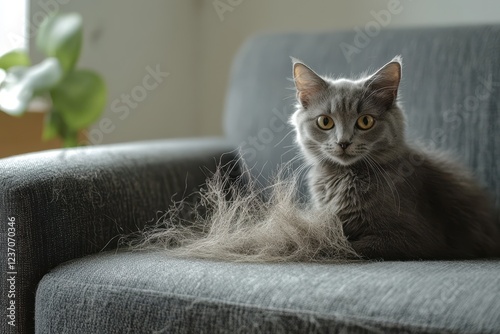 Adorable feline with fur on indoor gray couch