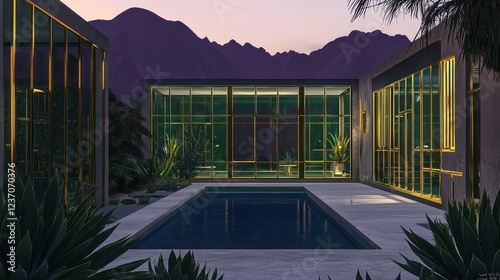 An ultramodern house in the desert with emerald glass windows and soft gold metal framing