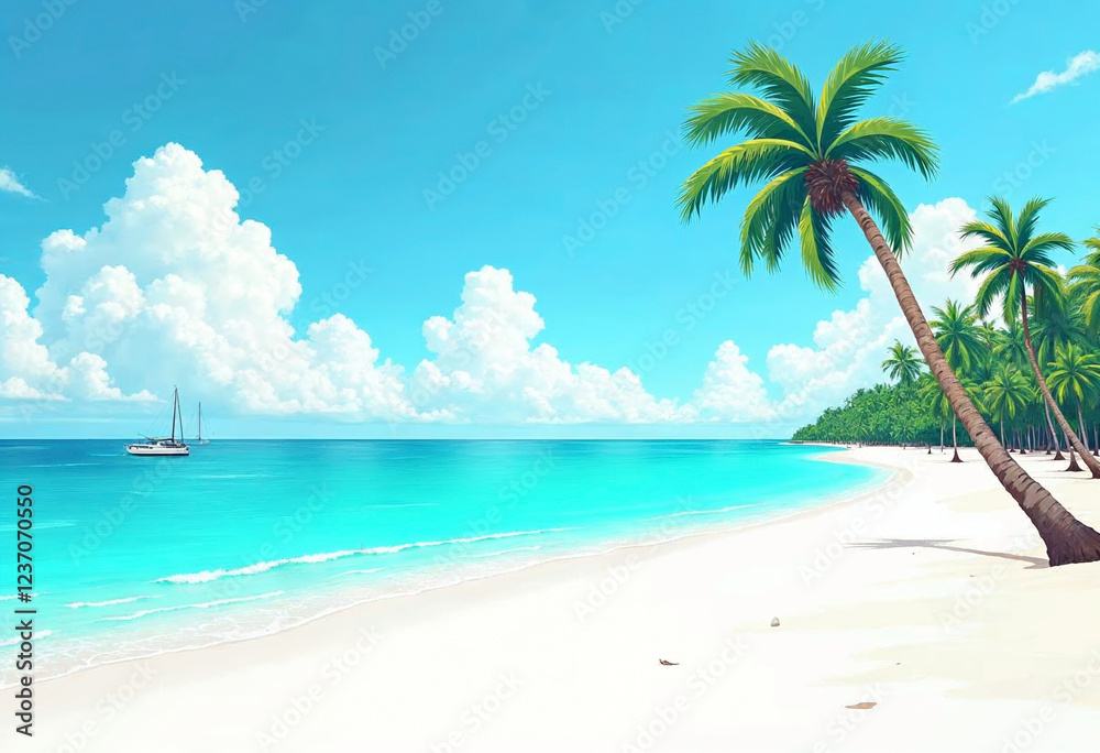 Naklejka premium Tropical white sand beach with palm trees and turquoise sea. Vacation and travel concept. Calm seascape. Summer background. Place for text.