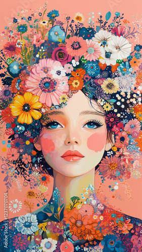 Artistic portrait of a woman adorned with colorful flowers.