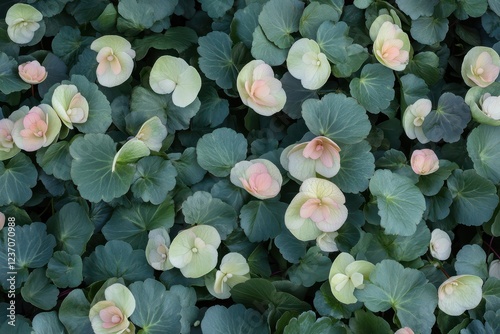 An overhead close up of a wax begonia field shows lush purplish green round leaves interspersed with small pale pink blooms photo