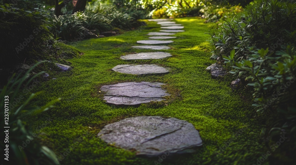 Fototapeta premium Stone Steps Winding Through Lush Green Mossy Garden