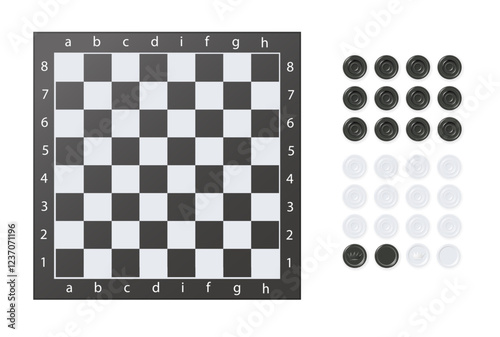Chess boards on wooden background. Draughts, game with pieces in black and white. Vector