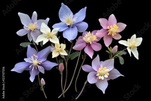 Aquilegia flabellata known as fan or dwarf columbine is a perennial flowering plant in the Ranunculaceae family photo