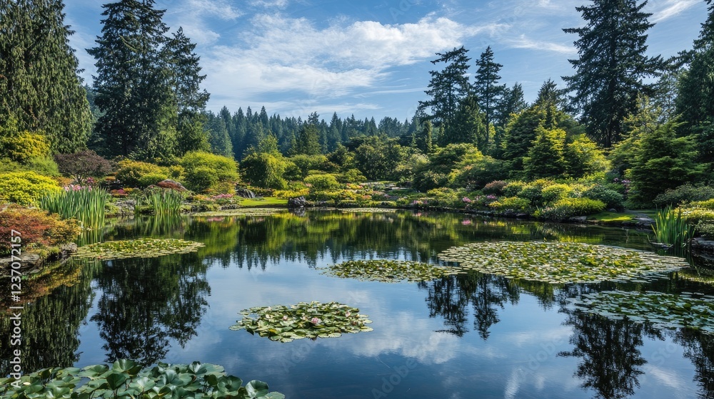 Serene Garden Pond with Lush Greenery and Water Lilies Serene Garden Pond with Lush Greenery and Water Lilies