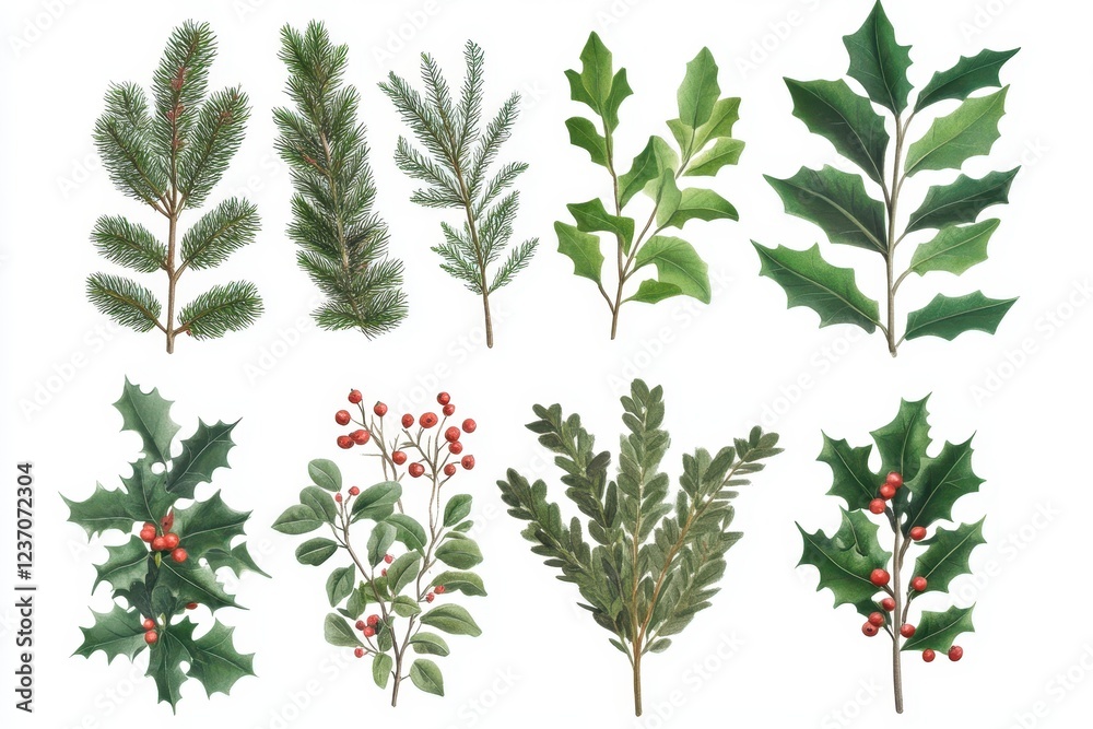 Assortment of festive plants with green foliage and red berries Assortment of festive plants with green foliage and red berries