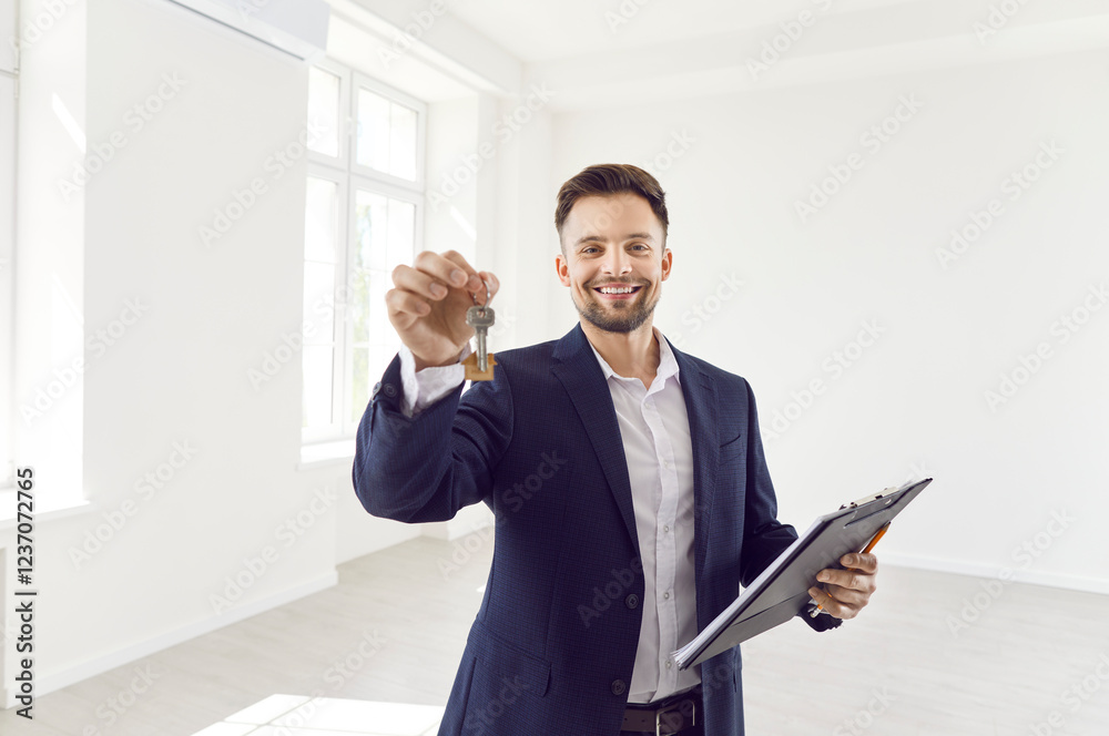Portrait of confident smiling young man realtor agent standing in new white impartments with documents and house keys and looking cheerful at camera. Real estate market and moving day concept Portrait of confident smiling young man realtor agent standing in new white impartments with documents and house keys and looking cheerful at camera. Real estate market and moving day concept