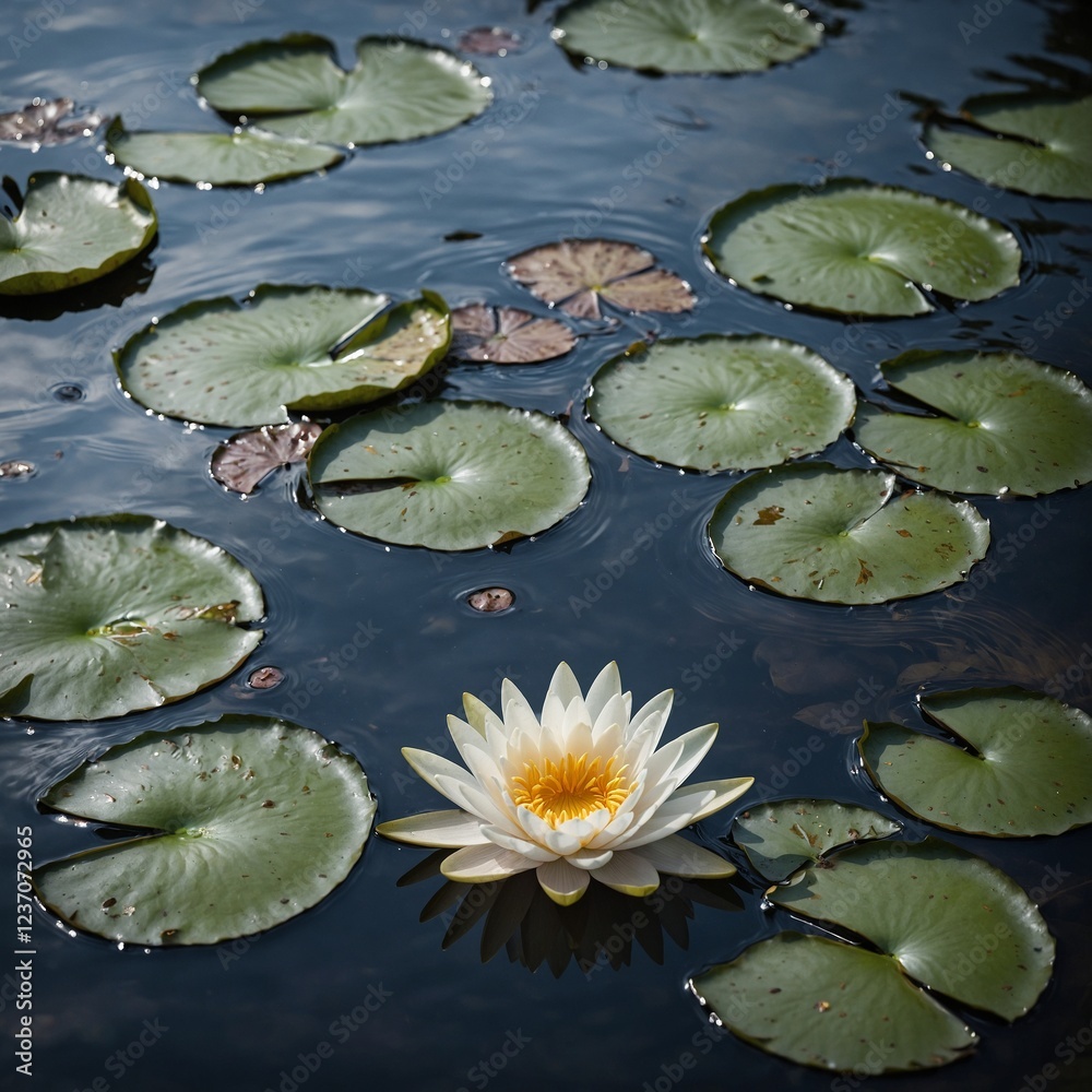 A dreamy overhead shot of a white water lily floating on a pond. A dreamy overhead shot of a white water lily floating on a pond.