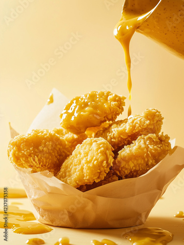 A vibrant and dynamic close-up of golden, crispy chicken nuggets arranged in a paper wrap, drenched with rich honey mustard sauce being poured from above photo