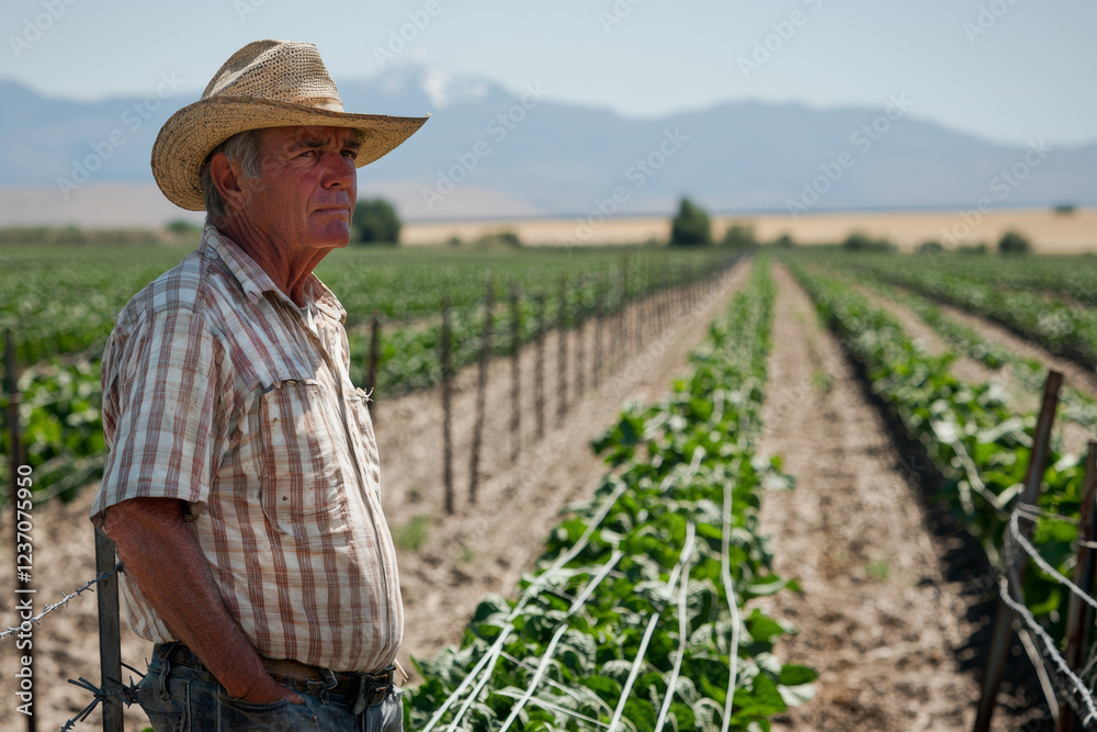 Fototapeta premium farmer stands thoughtfully in vast field of crops, surrounded by rows of green plants under clear blue sky. scene captures essence of rural life and dedication to agriculture