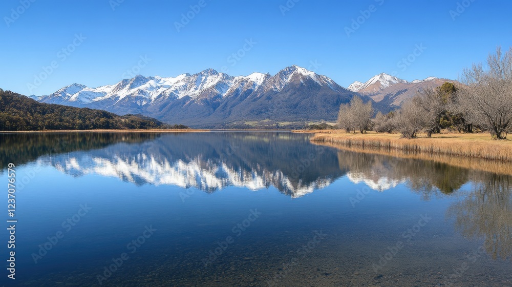 Snow capped mountains reflected in a calm lake Snow capped mountains reflected in a calm lake