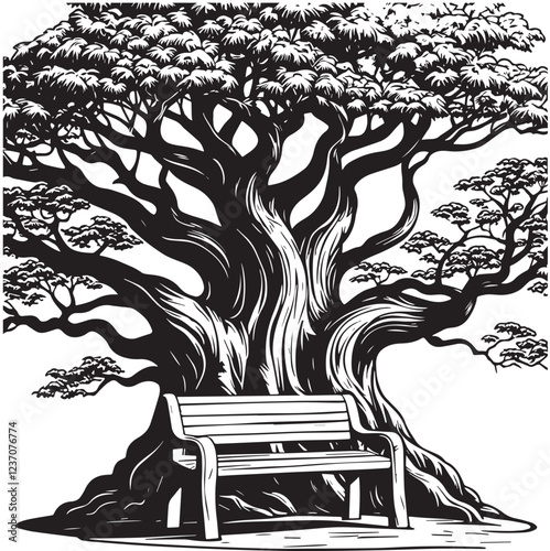 Big tree and bench in park landscape design