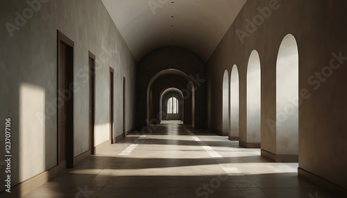 Serene Architectural Corridor: Sunlit Stone Hallway with Arched Windows