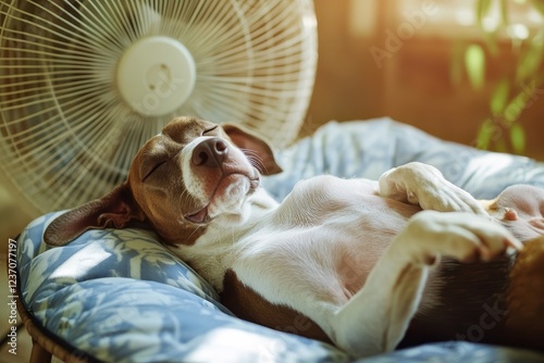 Calm dog sprawled in front of a fan legs up adorable puppy napping upside down in bed Helping pets stay cool during hot weather Female Harrier mix Focused shot